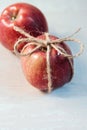 Apples tied with a rope on a light background