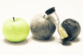 3 apples and time, hourglass on a white background. Young and old, life concept Royalty Free Stock Photo