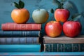 Apples on Top of Books. Generative AI Royalty Free Stock Photo