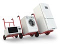 Appliance delivery. Hand truck, fridge, washing machine and microwave oven.