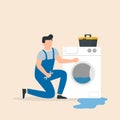 Appliance repair expert, repairs the washing machine. Vector illustration