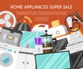 Appliances online store banner vector illustration. Kitchen and home equipment for house. Washing machine, vacuum