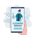 Application for calling cleaning service. Female worker with detergent and rag on smartphone screen. Girl called housekeeper