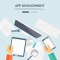 Application development. Mobile applications concept. Hands with phones. Flat vector illustration. Royalty Free Stock Photo