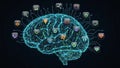 Application icons surround the brain, linked to specific areas via circui Royalty Free Stock Photo