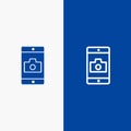 Application, Mobile, Mobile Application, Camera Line and Glyph Solid icon Blue banner Line and Glyph Solid icon Blue banner Royalty Free Stock Photo