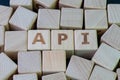 Application Programming Interface API middleware for applications to communicate with another concept, cube wooden block with Royalty Free Stock Photo
