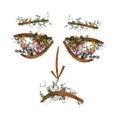 Application, sad male face of dried pressing bright flowers sma