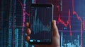 Application of Smartphone with business graph and analytics data on isometric mobile phone.