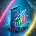 Application of Smartphone with business graph and analytics data on isometric mobile phone