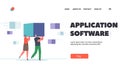 Application Software Landing Page Template. Tiny Professional Engineer Characters Carry Huge Information Pixel