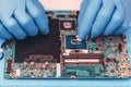 Application of thermal paste on the laptop processor chip for high-quality cooling Royalty Free Stock Photo