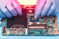 Application of thermal paste on the laptop processor chip for high-quality cooling Royalty Free Stock Photo