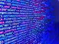 Application web source code on monitor. HTML5 concept macro backdrop in warm colors. Programming Coding with editor colorful