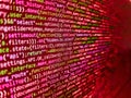 Application web source code on monitor. HTML5 concept macro backdrop in warm colors. Programming Coding with editor colorful