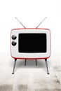 Close-up retro TV on wooden floor background