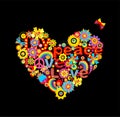 Applique with hippie heart shape with colorful abstract paper flowers