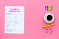 Apply college. Empty college application form near coffee cup and stationery on pink background top view copy space