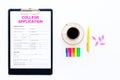 Apply college. Empty college application form near coffee cup and stationery on white background top view space for text