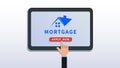 Apply for home mortgage loan online. Flat tablet or smartphone with house logo, hand finger click apply now button isolated Royalty Free Stock Photo