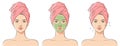 Applying a cosmetic mask on a face with problem skin. Beautiful young woman with towel on her head, vector illustration