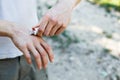 Applying an cream emollient to dry flaky skin as in the treatment of psoriasis, eczema and other dry skin conditions Royalty Free Stock Photo