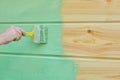 Applying paint wooden surface. Man hand with brush closeup. Painting wood wall. Royalty Free Stock Photo