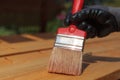 Applying protective varnish to wooden boards. Red brush and terrace oil for wooden deck