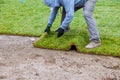 Applying rolled green grass with laying sod for new lawn Royalty Free Stock Photo