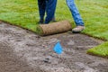 Applying rolled green grass with laying sod for new lawn Royalty Free Stock Photo