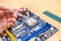 Applying thermal paste to a computer processor. Processor installation concept and cooling solution