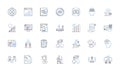 Appraise and scrutinize line icons collection. Evaluate, Inspect, Gauge, Assess, Survey, Examine, Analyze vector and