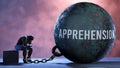 Apprehension and an alienated suffering human. A metaphor showing Apprehension as a huge prisoner\'s ball bringing pain a