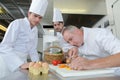 Apprentices watching chief chef garnishing dish Royalty Free Stock Photo