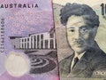 approach to Australian banknote of five dollars and Japanese banknote of 1000 yen Royalty Free Stock Photo