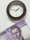 approach to chilean banknote of 2000 pesos and background with a circular wall clock