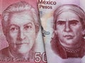 approach to chilean banknote of 5000 pesos and mexican banknote of fifty pesos