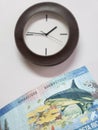 approach to Costa Rican banknote of 2000 colones and background with a circular wall clock Royalty Free Stock Photo