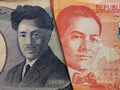 approach to japanese banknote of 1000 yen and Philippine banknote of twenty pesos
