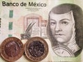 approach to mexican banknote of 200 pesos and coins of one sterling pound