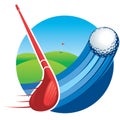 Approach to a red golf club hitting a ball with speed lines with a green golf course with a flag in the hole in the background. Royalty Free Stock Photo