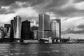 Manhattan as Viewed from the Staten Island Ferry - south eastern tip - black and white Royalty Free Stock Photo