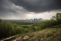 approaching storm clouds, with view of city skyline visible in the distance Royalty Free Stock Photo