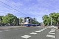 Approaching tram in Amsterdam city center, netherlands.