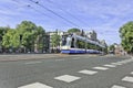 Approaching tram in Amsterdam city center, Netherlands.