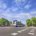 Approaching tram in Amsterdam city center, Netherlands.