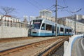 Approaching tram in city center of Dalian, China