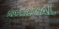 APPROVAL - Glowing Neon Sign on stonework wall - 3D rendered royalty free stock illustration