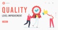 Approval, Quality Level Improvement Landing Page Template. Tiny Characters Carry Huge Seal Stamp with Award Ribbon