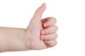 Approval thumbs up like sign, caucasian child hand gesture isolated over white